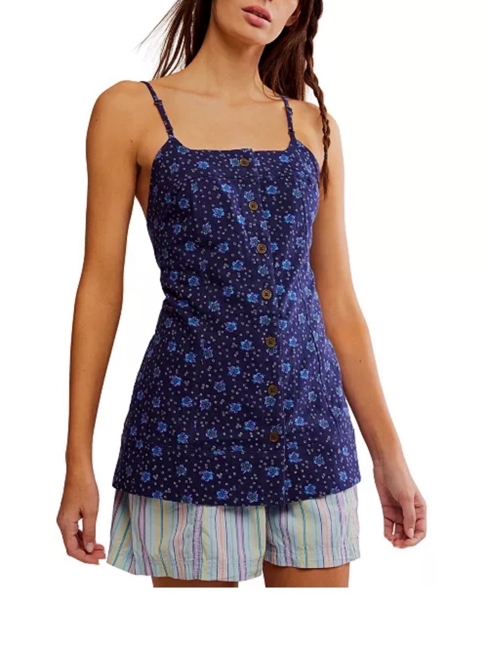 Free People Maddie Printed Tunic, Navy Blue Floral Small NWOT